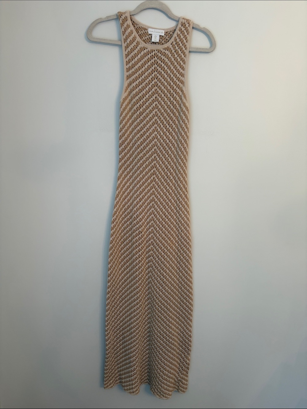 House of Harlow 1960 Beige Open-Knit Crew Neck Sweater Maxi Dress